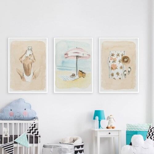 Summer Tropical Decoration Picture Watercolor Ocean Beach Poster Palm Tree Print Scenery Wall Art Canvas Painting Home Decor