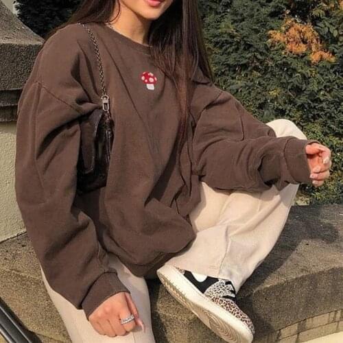 Fashion Streetwear Long Sleeve Hoodie Small Mushroom Embroidered Round Neck Tan Hoodie Long Sleeve Pullover