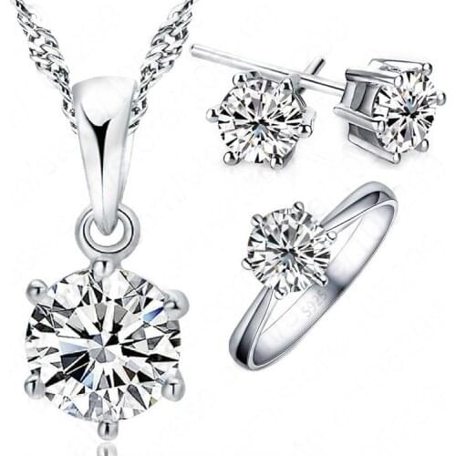 WomanBirthday Gift Wedding Jewelry Set Fashion 925 Sterling Silver Crystal Necklace Ring Earring 3 pcs/set Fast Shipping