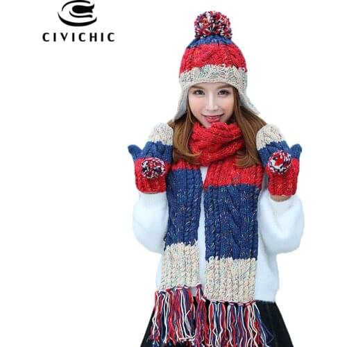 CIVICHIC New Warm Set Lady Knit Hat Scarf Glove Cute Headwear Earmuff Color Mix Shawl Thicken Velvet Mittens Pompon Beanie SH179
