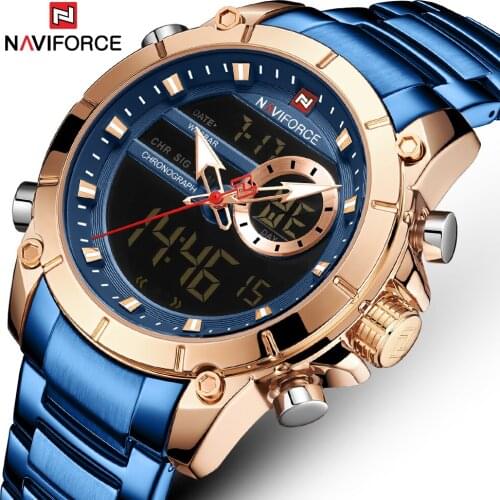 NAVIFORCE Blue Gold Fashion Creative Design Full Steel Sport Quartz Watch 2021 New Business Dual Display Wrist Watch Man Relogio