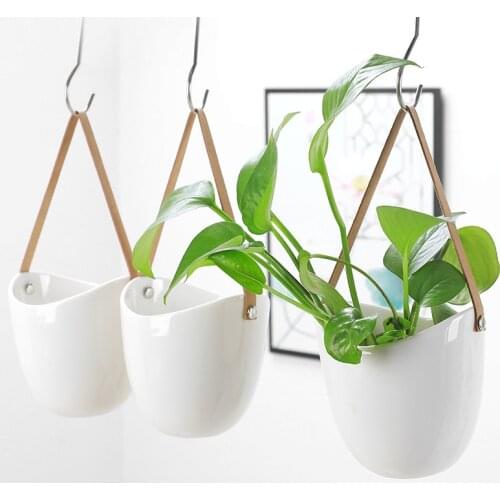New Hanging Pot White Ceramic Vase Succulent Hydroponic Flower Pot Belt Wall Hanging Orchid Potted Plant Home Garden Decoration