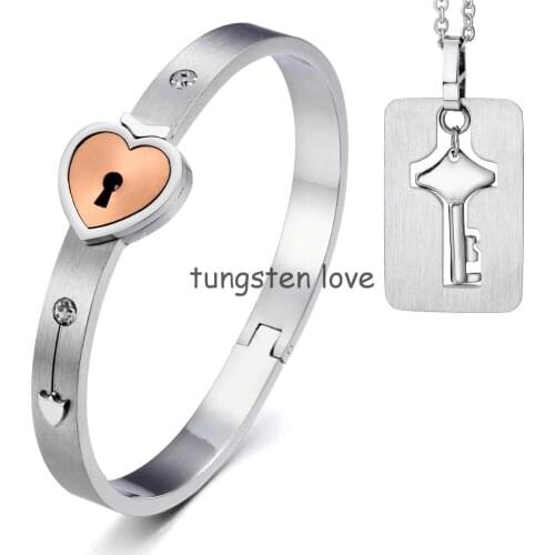 New Lovers Stainless Steel Heart Lock Love Bangle Bracelet with Key Tag Pendant Necklace Couples Jewelry Sets, Hypoallergenic