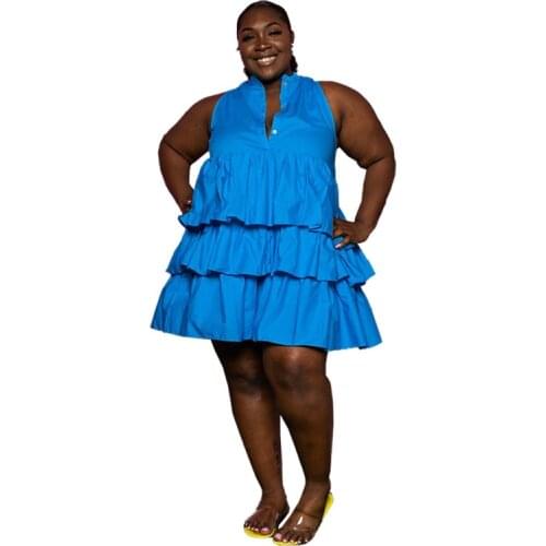 Solid Color Button Sleeveless Loose Cake Dress Summer New Fashion Plus Size Women Dress XL-5XL Green Blue African Clothes