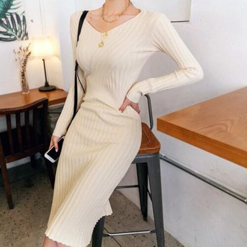 Fashion women elegant knit bouncy v-neck warm dress new arrival casual work style autumn High elasticity basic cute pencil dress