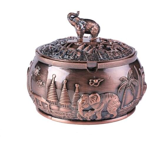 Anti slip Bottom Windproof 4 Soot Vintage Ashtray with Lid Windproof Zinc Alloy Metal Unique Home Decoration Craft Gift Ornament