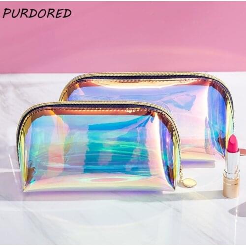 PURDORED 1 Pc Women Clear Cosmetic Bag Waterproof PVC Laser Makeup Bag for Women Travel Zipper Makeup Organizer Toiletry Kit