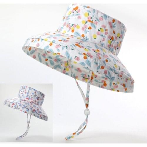 Bucket Hat Girl Summer Sun Beach Big Brim With String UV Protection Breathable Flowers Kids Holiday Outdoor Swimming Accessory