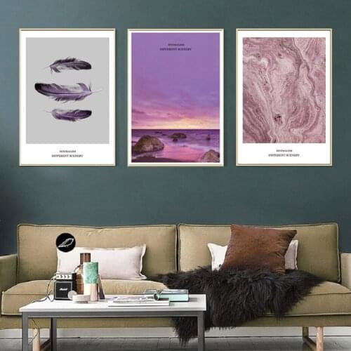 Nordic Beautiful Purple Feather Wall Art Canvas Paintings Dusk Seascape Wall Art Prints and Posters Living Room Home Decor
