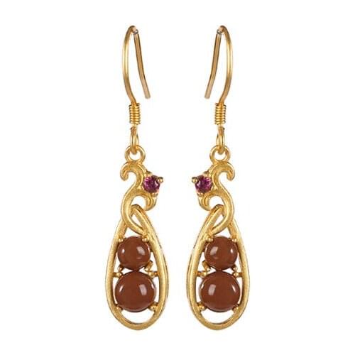 S925 sterling silver gold plated Southern red agate Eardrops Retro Fudou Temperament Ladies Ear hook Earrings