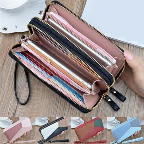 Women Card Holder Phone Bag Purse Long Zipper Leather Wallet Large Patchwork Wristband Clutch Handbag