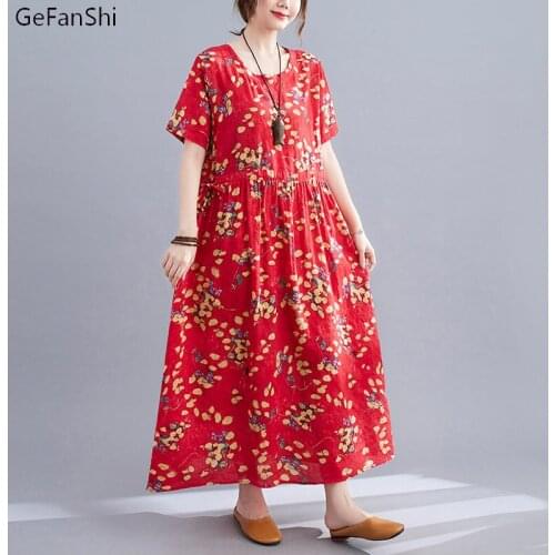 Fashion Floral Women Summer Mid Calf Dress 2021 Casual Loose O-neck Short Sleeve Cotton Linen Beach Dresses Vestidos