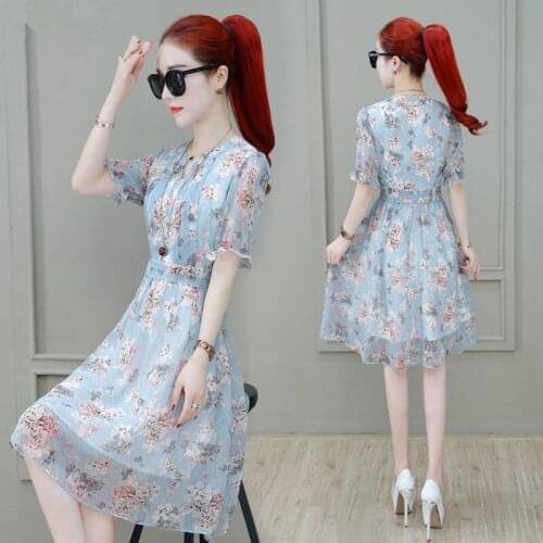 White Pink Blue Chiffon Mid-length Sweet Women Summer Popular New Korean Style Slim Floral Casual Summer Dress