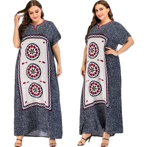 Women Printed Loose Plus Size Long Dress Summer Short Sleeve Muslim Ramadan Kaftan Jilbab Dubai Casual Maxi Robe V-neck Gown New