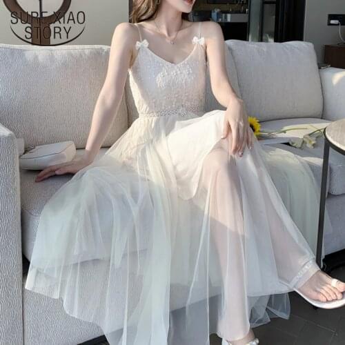 New Summer Sexy Sleeveless Party Dress Mesh Lace V Neck Maxi Dress for Women Floral A Line High Waist Long Dresses Robe 14881