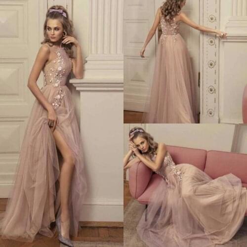 2020 Evening Dresses Illusion High Side Split Lace Appliques Special Occasion Gowns Zipper Back Floor Length Prom Dress