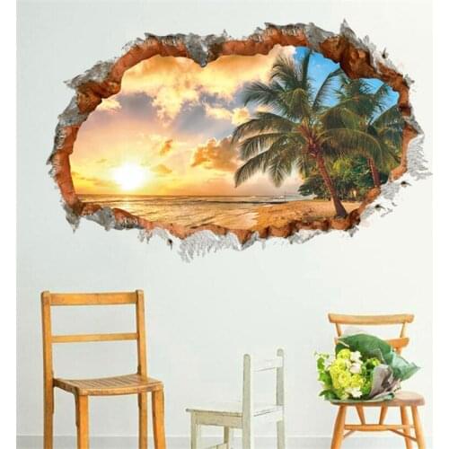 3d sunshine sea beach with sun tree through wall stickers for living room decor view landscape wall decals art diy posters gift