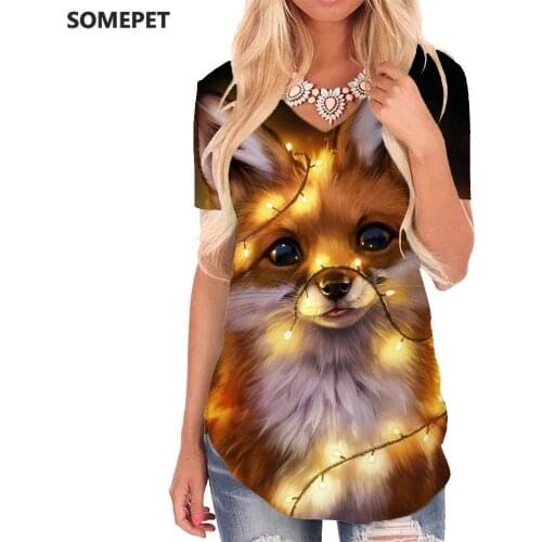 SOMEPET Fox T Shirt Women Animal Shirt Print Christmas V-neck Tshirt Lovely Tshirts Printed Womens Clothing Punk Rock Cool