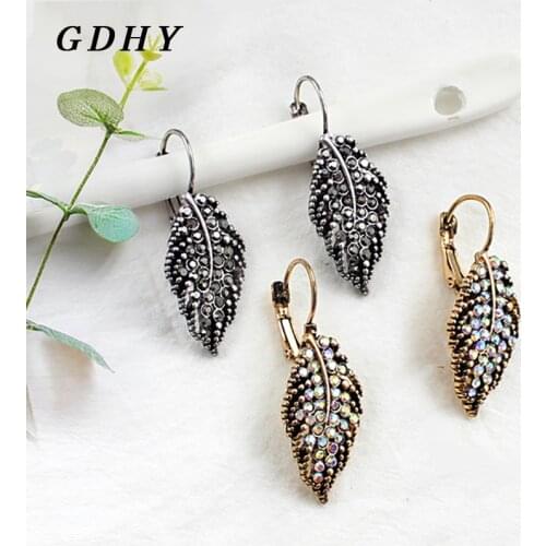 GDHY Bronze Hollow Maple Leaf Drop Earrings Fashion Bronze Silver Leaf Inlay Colored Rhinestones Charm Bohemian Earrings Jewelry