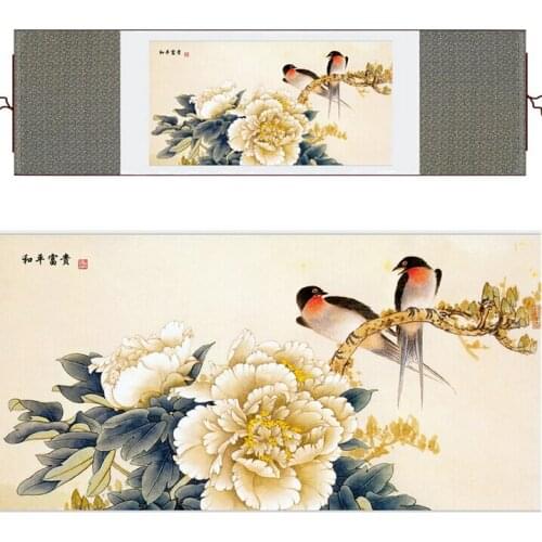 Swallow and penoy flower Painting Home Office Decoration Chinese scroll painting birds painting Ink wash painting