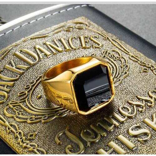 Mens rings gold stainless steel big black Glass stone ring for men steampunk wholesale signet rings jewelry male Accessories