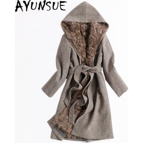 AYUNSUE Real Fur Coat Female Thick Warm Sheep Fur Liner Parkas Woman Clothes 2020 Elegant Belt Fur Wool Jacket Women Hooded 1903