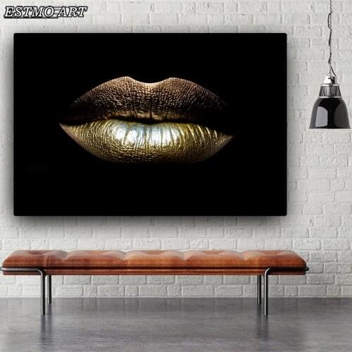 Wall Art Canvas Black and Gold Sexy Lips Canvas Beauty Makeup Art Parlor Canvas Picture Home Decoration ART Poster One Piece
