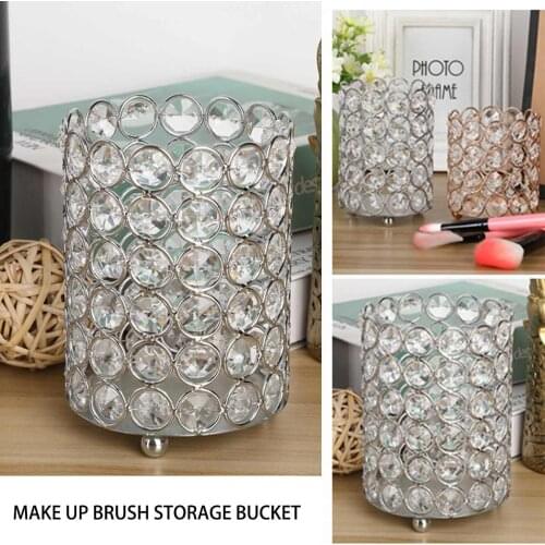New Glitter Metal Crystal Makeup Brush Storage Bucket Gold Silver Women Cosmetic Storage Box Pen Holder Vase Comb Container