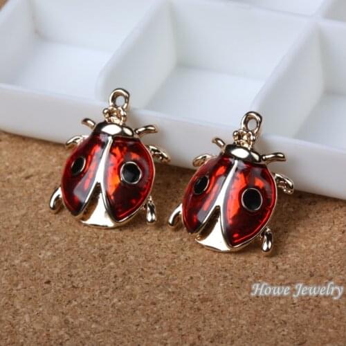 Wholesale 15 pcs Enamel Alloy Gold-color Jewelry Ladybug Pendants charms for bracelet necklace DIY jewelry making JC-760