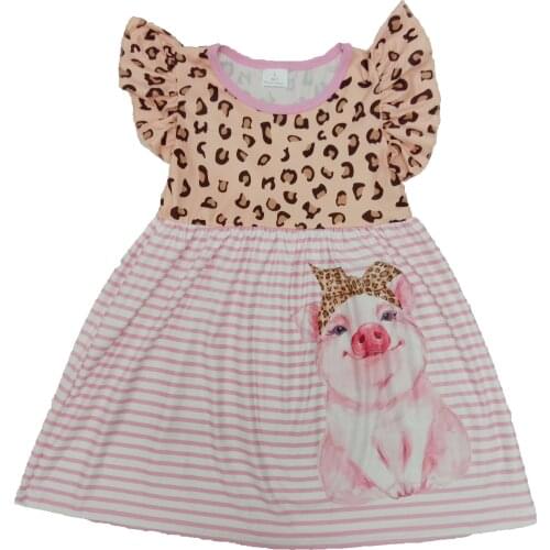 2020 New Lovely Pink Pig Design Toddler Girls Leopard Printed Fly Sleeves Dress Boutique kid Clothing