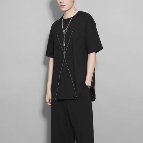 Summer dark personality irregular geometric embroidery line stitching casual casual casual casual casual casual casual short-sle