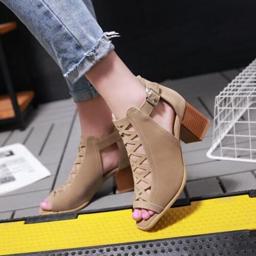 Fashion Hollow Faux Suede Sandals Summer Fish Mouth High Heeled Ankle Buckle Woman Sandalias Mujer