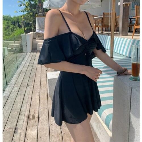 Sexy Off Shoulder One Piece Swimsuit Women Solid Swimwear Ruffle Monokini Skirted Swim Suit Open Back Trikini Pad Bathing Suit