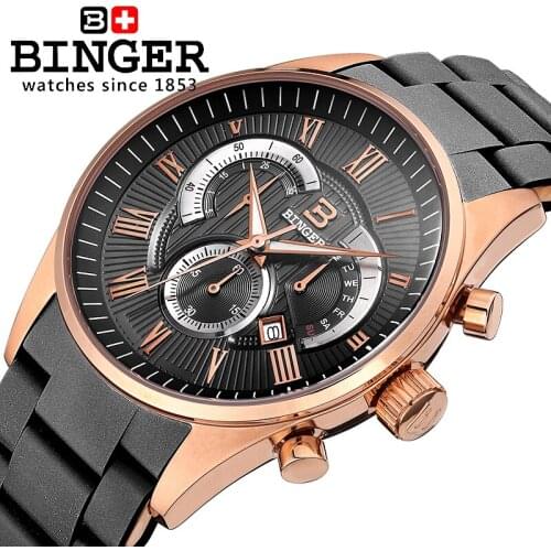Switzerland Mens Watch Luxury Brand Wristwatches BINGER Quartz watch Silicone strap Chronograph Clock Diver glowwatch BG-0407-6