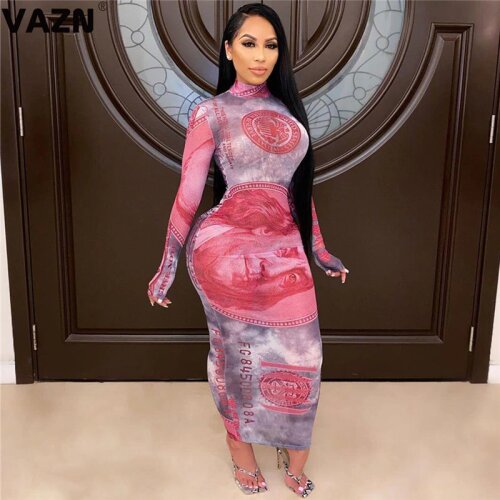 VAZN 2020 New Arrival Vintage Sexy Club Young Soft Elastic Turtleneck Full Sleeve Women Thin High Waist Thin Maxi Dress