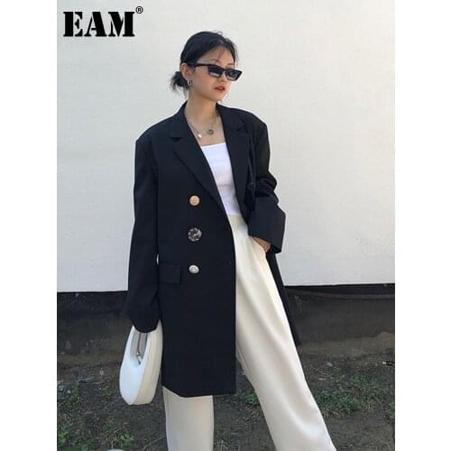 [EAM] Women Black Button Split Big Size Blazer New Lapel Long Sleeve Loose Fit Jacket Fashion Tide Spring Autumn 2021 1DA496