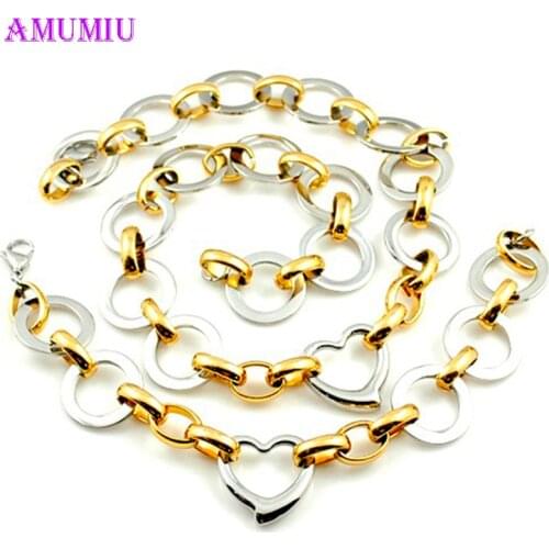 AMUMIU Round Heart Chain Link Necklace Bracelets Jewelry Sets For Women Stainless Steel Fashion Lover Party Gifts JS111