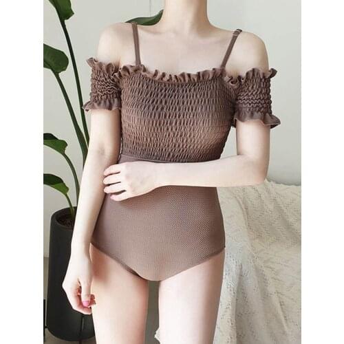 New Hot Women One Piece Sexy Solid Color Swimsuit Shoulder Straps Ruffles Summer Style Monokini Swimsuits Fashion Nylon Spandex