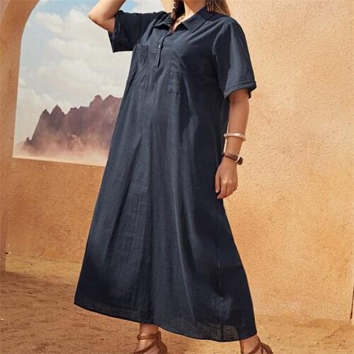 2021 Women Summer Turn Down Collar Short Sleeve Solid Casual Dress Plus Size 4XL 5XL Loose Oversized Maxi Long Dresses