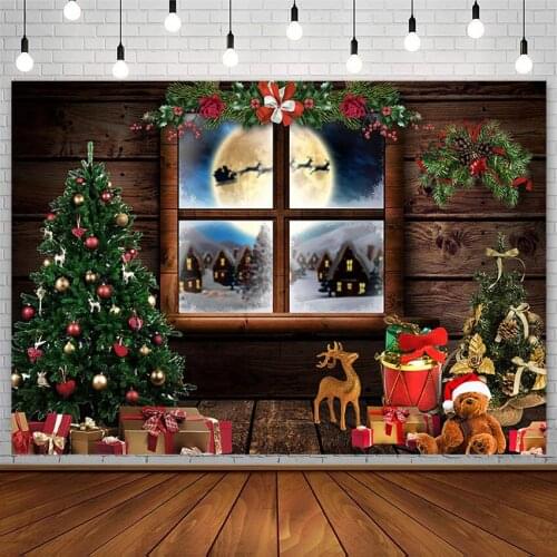 Winter Christmas Tree Photography Background Gifts Reindeer Window Santa Claus Moon Wood Floor Child Backdrop Photo Studio Props