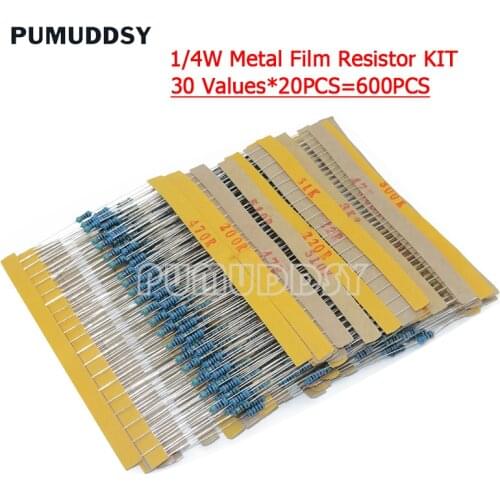 600PCS 1/4W 1% 30 Values*20PCS Metal Film Resistor Assortment Kit Set Pack Electronic Diy Kit Resistor