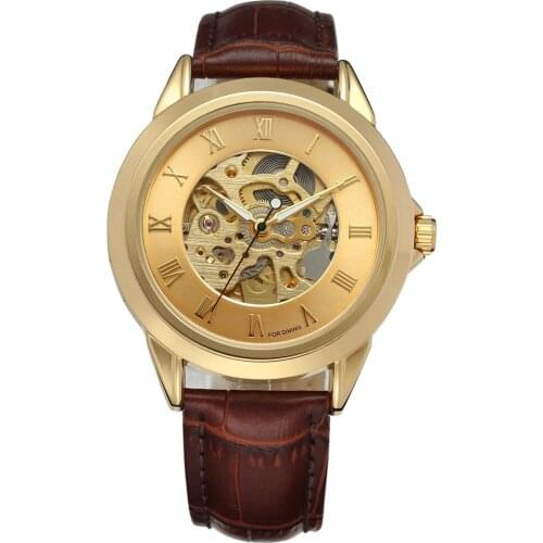 New FORSINING Men Watches Top Luxury Roman Numerals Gold Case Leather Strap Automatic Mechanical Skeleton Dress Wrist Watch