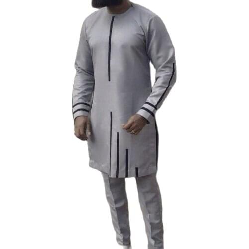 Black Stripes Patchwork Mens Shirts+Silver Gray Solid Trousers Style African Fashion Pant Sets Custom Male Nigerian Outfits