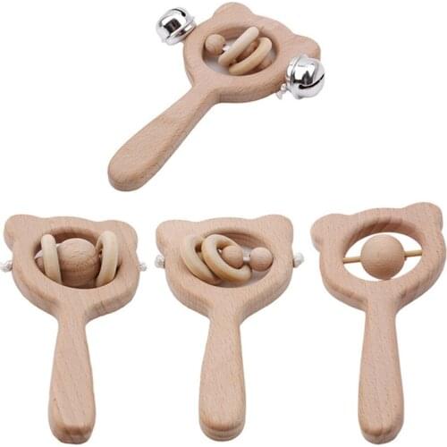 Wooden Rattle Beech Bear Hand Teething Wooden Ring Baby Rattles Play Gym Montessori Stroller Toy Educational Toys