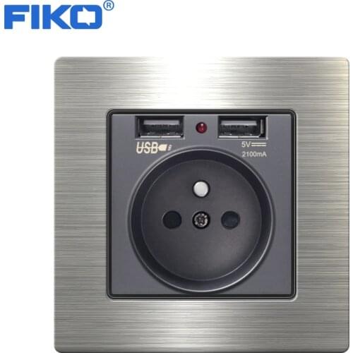 FIKO 16A France dual USB Electrical Outlet Household rocker switch With wall power socket stainless steel panel