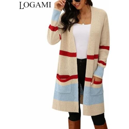 LOGAMI Pocket Knitted Cardigan Stripe Stitching Contrast Sweater Cardigan Long Women Autumn Knit Coat