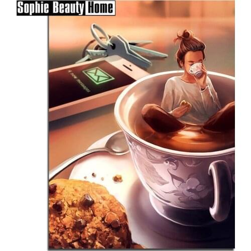 Full Square/Round Drill 5D DIY Diamond Painting Girl Drinks Coffee and Snacks Embroidery Cross Stitch Mosaic Decor Gift 060813
