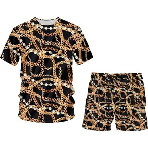 IFPD 3d Print Crown Golden Chain Luxury 2 Pieces Suit Baroque Style Mens T Shirt And Shorts Summer Set Oversized Tracksuits