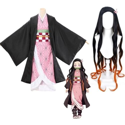 2021 Movie Anime Kamado Nezuko Cosplay Costume Demon Slayer Costumes Nezuko Kimono Set Woman Costumes Wigs and Free Accessories