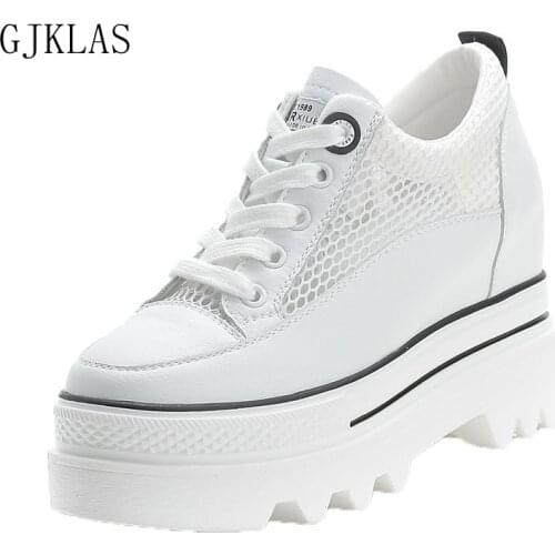Mesh Genuine Leather Shoes for Women Hidden Heel White Wedges Shoes Womens Platform Sneakers Fashion Vulcanized Shoes Sneaker